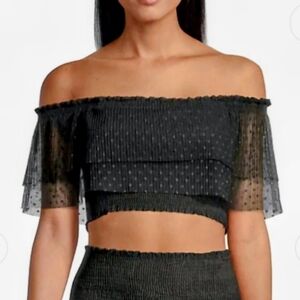 PEIXOTO Black Chi Chi Off The Shoulder Dotted Swiss  Ruffle Crop Top Stretchy
